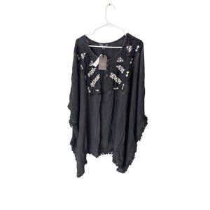 Be Beach by Exist Black Fringe Boho Poncho With Embroidered Floral Details  L/XL
